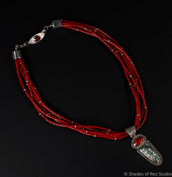 Silver, Varascite and Oxblood Coral Necklace