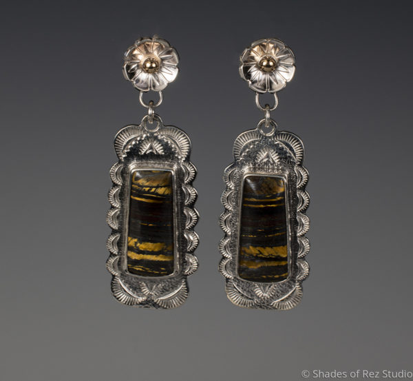 Silver and Gold Earrings set with Tiger Iron